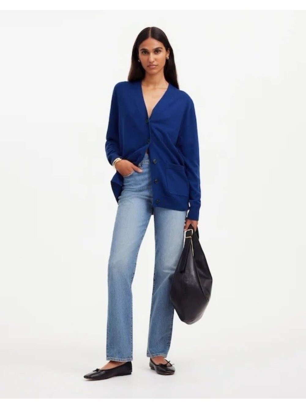 Madewell 100% Merino Wool Boyfriend Cardigan Sweater Blue Size L Relaxed Fit EUC